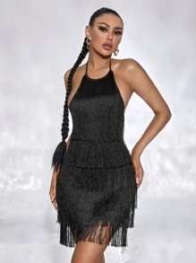 SHEIN SXY Layered Fringe Trim Tie Backless Halter Summer Beach Dress,Prom Dress,Tea Party Dress,Summer Dresses For Women - Black - View 4