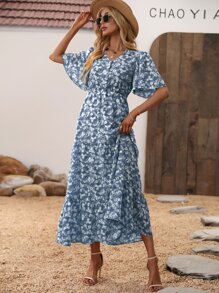 Breezaya Vestido con estampado floral de manga mariposa bajo con fruncido - Azul - Ver 4