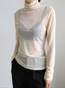 DAZY Top de cuello cisne de malla sin sujetador - Beis - Ver 5