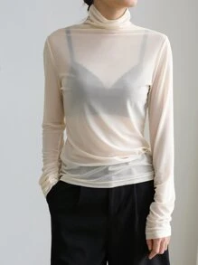 DAZY Top de cuello cisne de malla sin sujetador - Beis - Ver 6