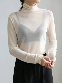 DAZY Top de cuello cisne de malla sin sujetador - Beis - Ver 7