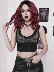 ROMWE PUNK Rhinestone Graphic Pattern Crop Tank Top - Black - View 4