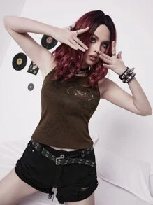 ROMWE PUNK Rhinestone Heart Wing Print Tank Top - Chocolate Brown - View 5