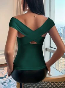 SHEIN Privé 條紋針織露肩交叉上衣 - 墨綠色 - 查看 2