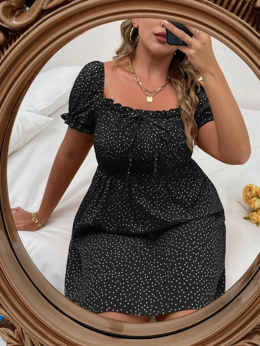 SHEIN Clasi Váy chấm bi bodice xếp nếp boho cỡ lớn, dành cho mùa hè - màu đen - Xem 1