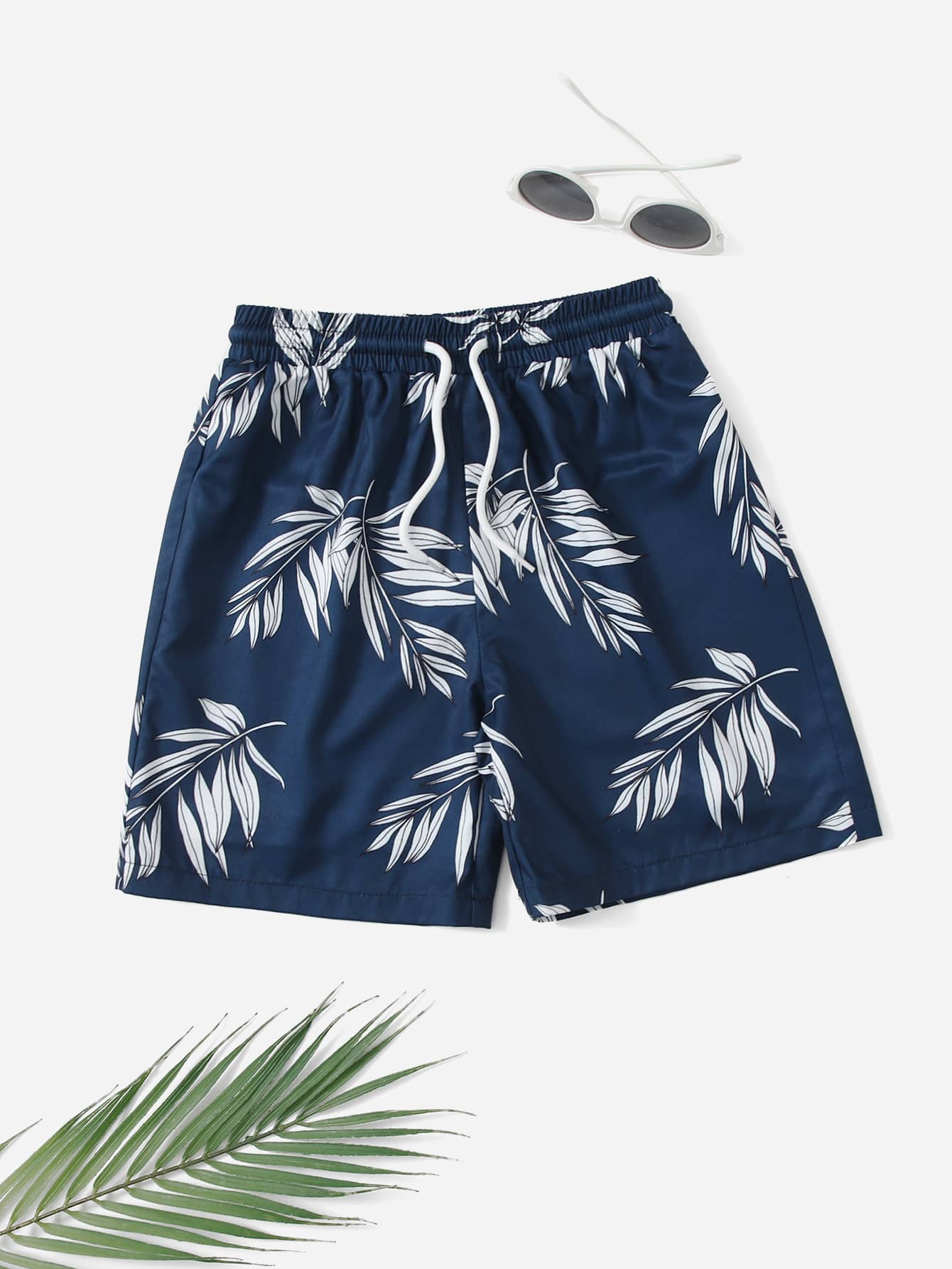 SHEIN Tween Boy Plant Print Drawstring Swim Shorts - Multicolor - View 1