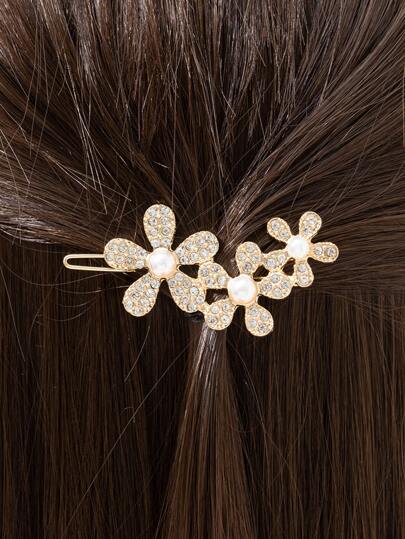 Faux Pearl & Rhinestone Flower Decor Hair Clip
