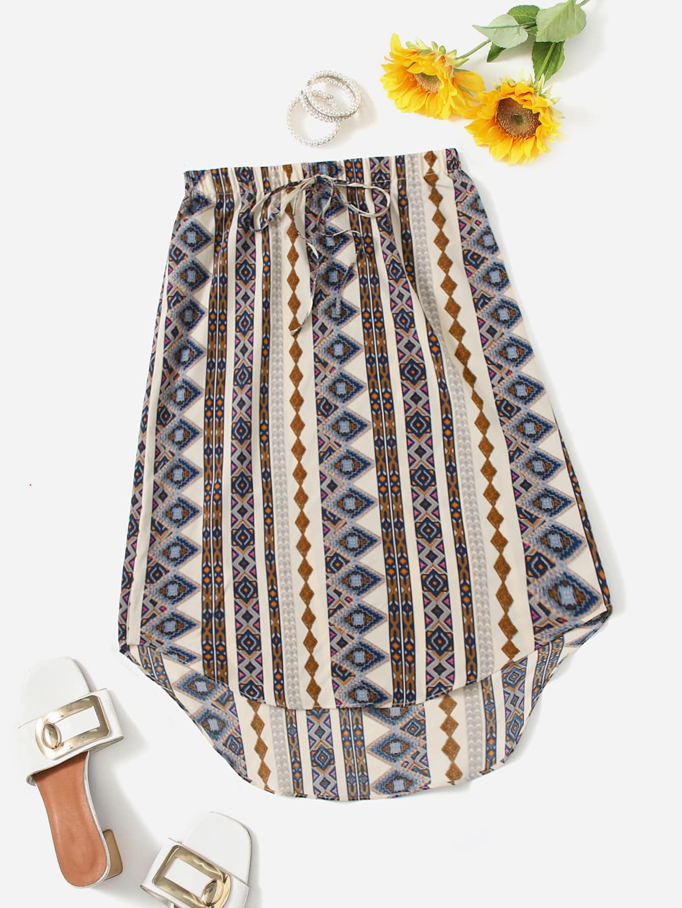 SHEIN VCAY 腰上打結幾何印花半身裙 - 彩色 - 查看 1