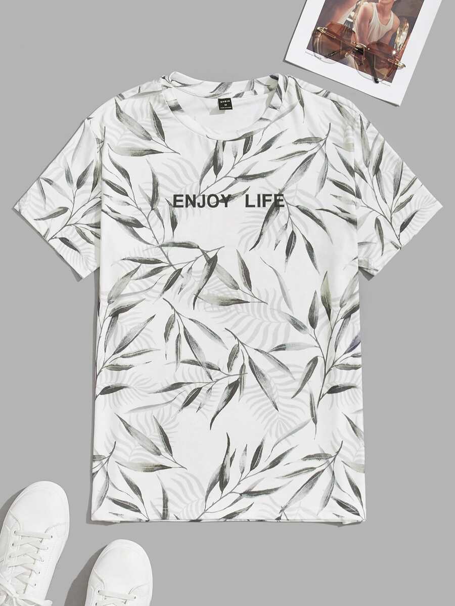 Manfinity 男士標語和樹葉印花上衣 - 彩色 - 查看 1