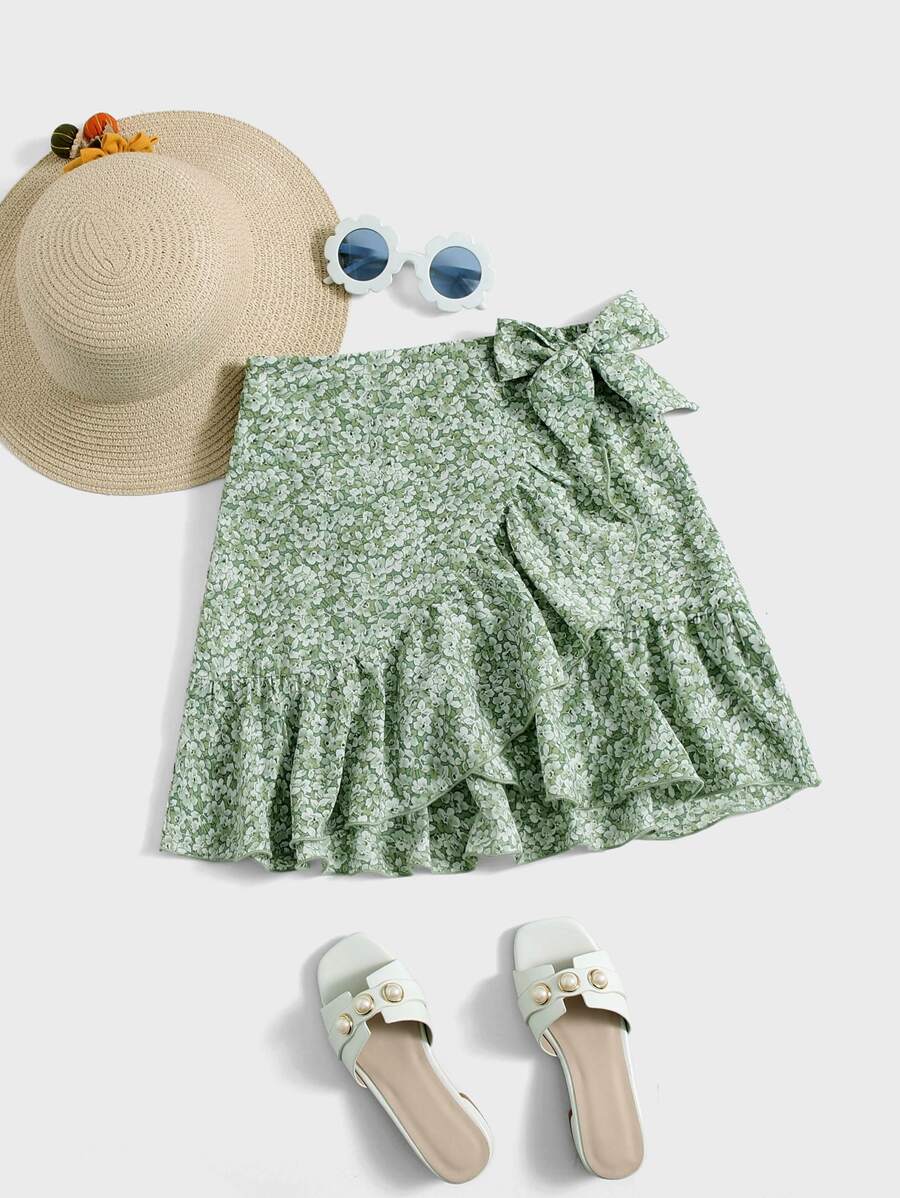 SHEIN Girls Floral Ruffle Trim Wrap Knot Side Skirt - Multicolor - View 1