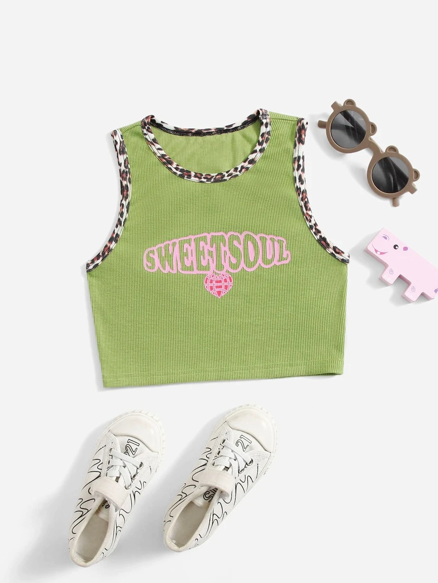 SHEIN Girls Letter & Heart Print Tank Top - Lime Green - View 1