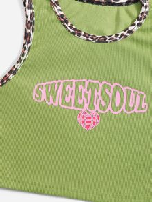 SHEIN Girls Letter & Heart Print Tank Top - Lime Green - View 4