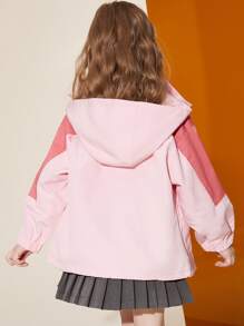 女孩字母圖案雙色落肩袖連帽外套 - 淺粉色 - 查看 2