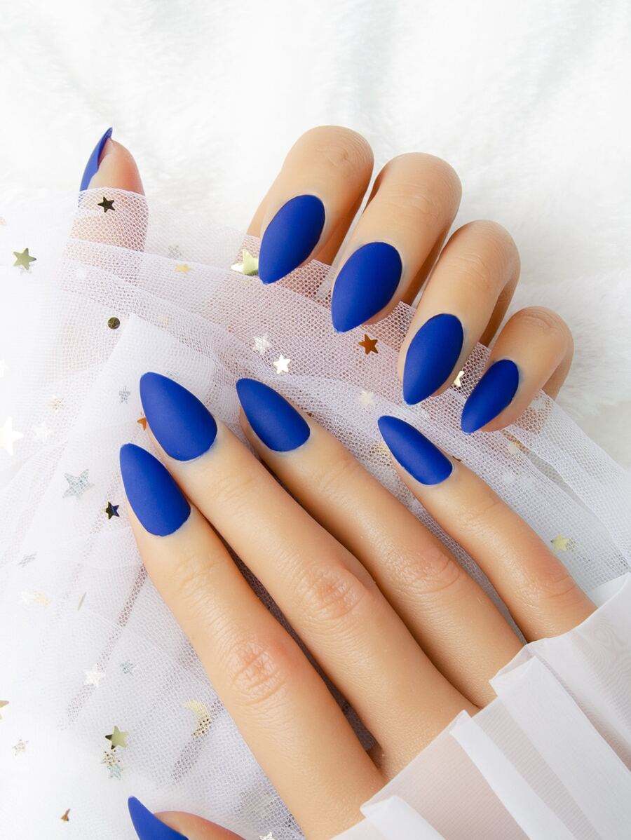 24 miếng móng tay giả đồng màu và 1 miếng băng dính - Màu xanh lam - Xem 1