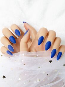 24 miếng móng tay giả đồng màu và 1 miếng băng dính - Màu xanh lam - Xem 5