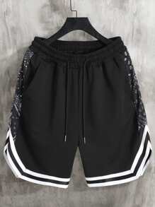 Manfinity Campus Court Quần short nam dáng rộng, họa tiết Paisley tương phản, đường may bên hông, dây rút, cạp chun, quần short phối màu thường ngày, dành tặng chồng, quà tặng bạn trai - màu đen - Xem 1