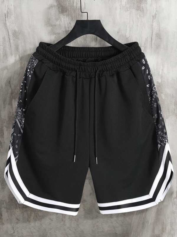 Manfinity Campus Court Loose Fit Men's Contrast Paisley Print Side Seam Drawstring Waist Shorts, Casual Color Block Shorts, For Husband, Boyfriend Gifts