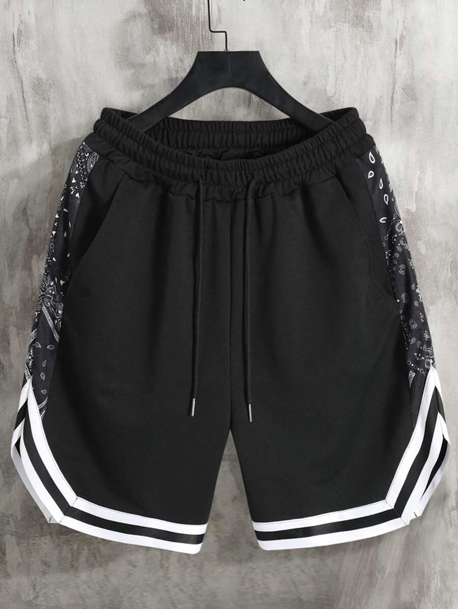 Manfinity Campus Court Quần short nam dáng rộng, họa tiết Paisley tương phản, đường may bên hông, dây rút, cạp chun, quần short phối màu thường ngày, dành tặng chồng, quà tặng bạn trai - màu đen - Xem 1