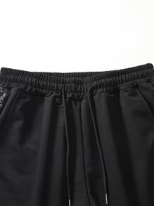 Manfinity Campus Court Quần short nam dáng rộng, họa tiết Paisley tương phản, đường may bên hông, dây rút, cạp chun, quần short phối màu thường ngày, dành tặng chồng, quà tặng bạn trai - màu đen - Xem 3