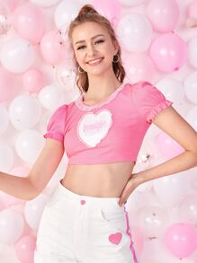 SHEIN 1入組愛心和字母圖案蕾絲邊短款上衣 - 粉色 - 查看 3