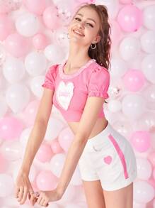 SHEIN 1入組愛心和字母圖案蕾絲邊短款上衣 - 粉色 - 查看 5