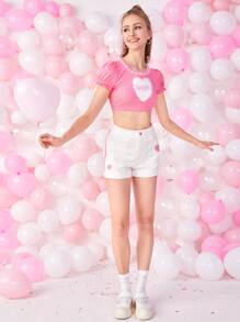 SHEIN 1入組愛心和字母圖案蕾絲邊短款上衣 - 粉色 - 查看 6