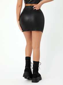 SHEIN PETITE Women's Sexy Solid Color Slim Fit Split Mini Skirt, Summer - Black - View 2