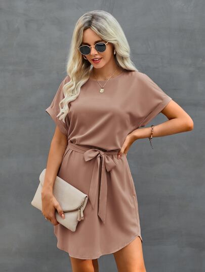 solid self tie tunic dress