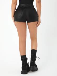SHEIN PETITE Women's Fashionable Solid Color Cross Tie Waisted Shorts, Spring Summer - Black - View 2