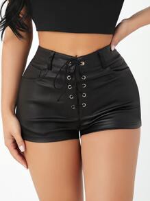 SHEIN PETITE Women's Fashionable Solid Color Cross Tie Waisted Shorts, Spring Summer - Black - View 4