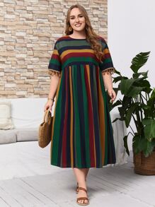 EMERY ROSE Plus Striped Fringe Drop Shoulder Smock Dress - Dark Green - View 1