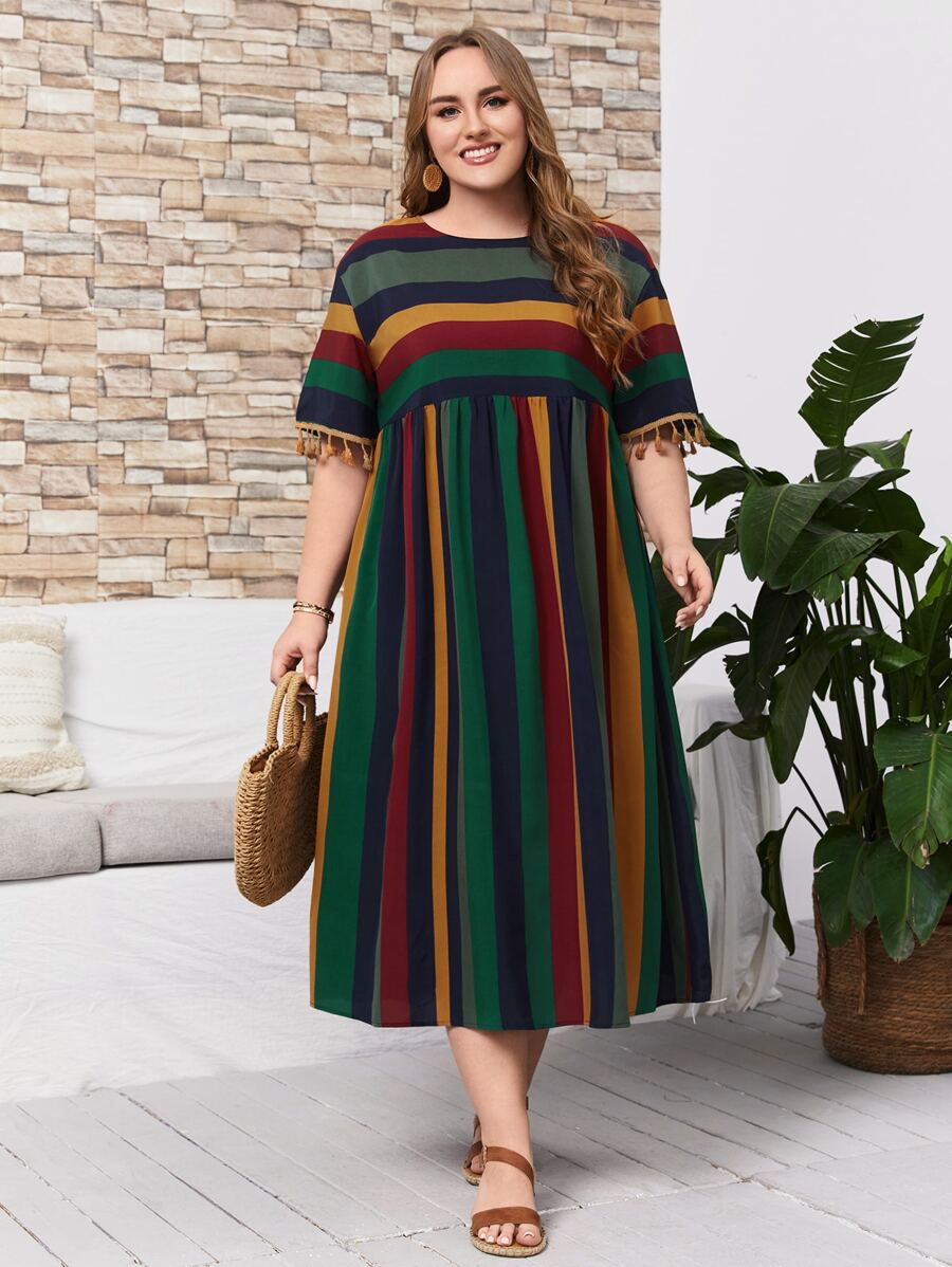 EMERY ROSE Plus Striped Fringe Drop Shoulder Smock Dress - Dark Green - View 1