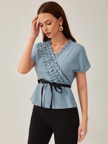Mulvari 多層褶邊蝙蝠袖腰帶襯衫 - 霧霾藍 - 查看 1