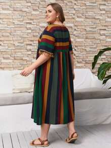 EMERY ROSE Plus Striped Fringe Drop Shoulder Smock Dress - Dark Green - View 2