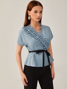 Mulvari 多層褶邊蝙蝠袖腰帶襯衫 - 霧霾藍 - 查看 3