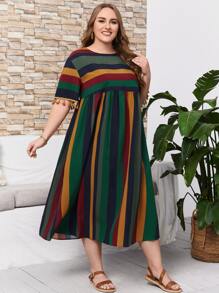 EMERY ROSE Plus Striped Fringe Drop Shoulder Smock Dress - Dark Green - View 3