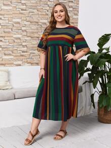 EMERY ROSE Plus Striped Fringe Drop Shoulder Smock Dress - Dark Green - View 5