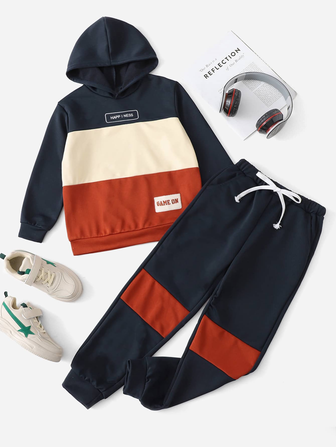 SHEIN Boys Colourblock & Letter Graphic Sweatshirt & Joggers Set - Multicolor - View 1