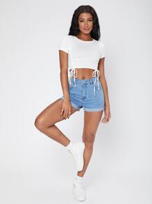 SHEIN Essnce Zipper Fly Cuffed Hem Denim Shorts - Light Wash - View 5