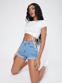 SHEIN Essnce Zipper Fly Cuffed Hem Denim Shorts - Light Wash - View 6