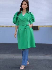 Puff Sleeve Belted Button Front Trench Coat - Mint Green - View 1