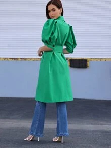 Puff Sleeve Belted Button Front Trench Coat - Mint Green - View 2
