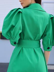 Puff Sleeve Belted Button Front Trench Coat - Mint Green - View 4