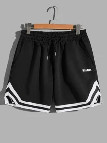 Manfinity Campus Court Nam Đồ họa Chữ cái Sọc trang trí Eo dây rút Quần short - màu đen - Xem 1
