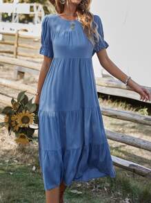 SHEIN LUNE Vestido de manga farol bajo con fruncido - Azul - Ver 1