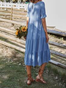 SHEIN LUNE Vestido de manga farol bajo con fruncido - Azul - Ver 2