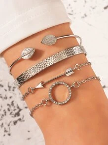 4pcs Rhinestone Round & Arrow Decor Bracelet - Silver - View 1