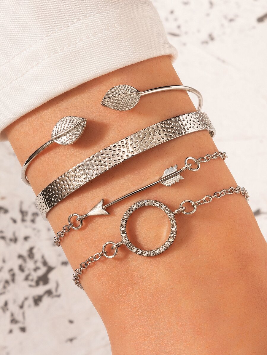 4pcs Rhinestone Round & Arrow Decor Bracelet - Silver - View 1