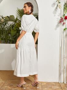SHEIN 前繫帶泡泡袖荷葉邊連衣裙 - 白色 - 查看 2