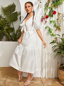 SHEIN 前繫帶泡泡袖荷葉邊連衣裙 - 白色 - 查看 4